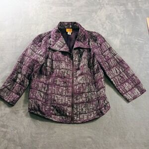 Ruby Rd. Jacket Womens 12 Purple Quilted Geometric Zip Front Satin 3/4 Sleeve